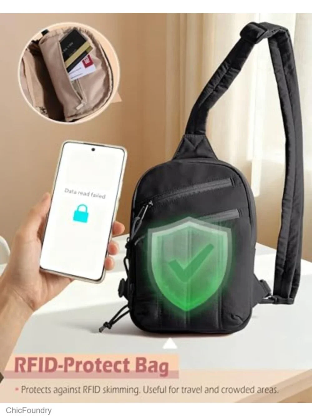 Puffer Sling Bag with RFID Blocking Pocket and Hidden Water Bottle Holder,